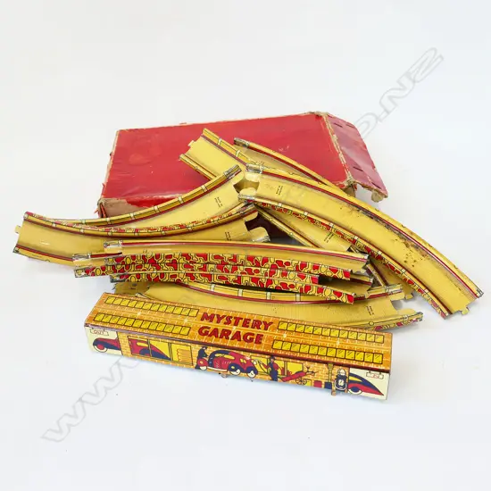 BOX OLD TIN PLATE TRAIN TRACKS & GARAGE - MADE IN ENGLAND